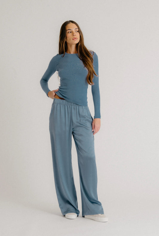 Brynn Pull On Silk Pant - Smoky Blue