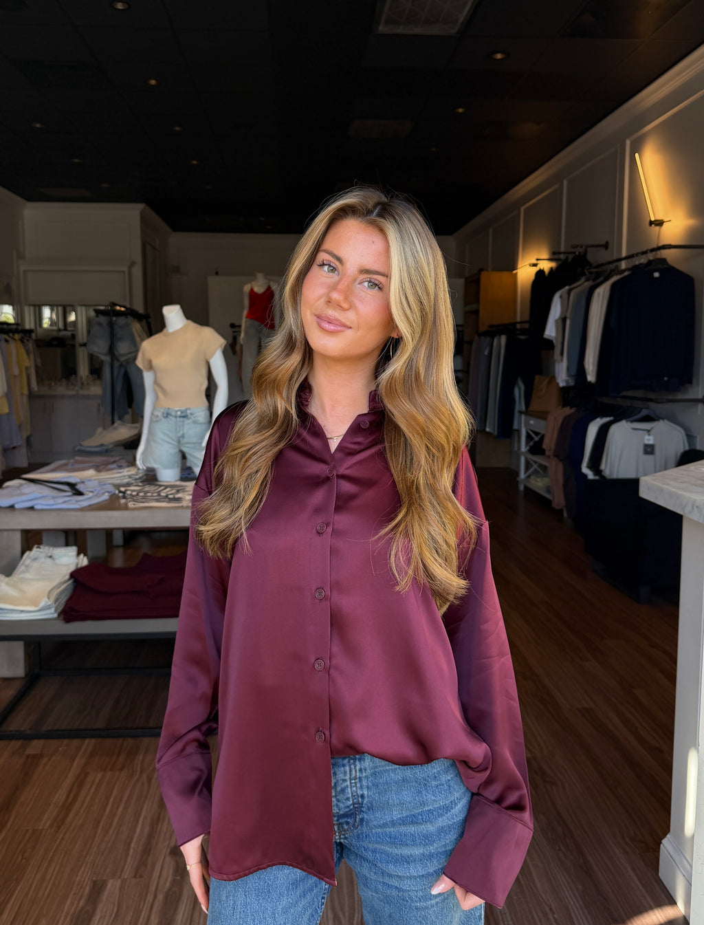 Benton Slouchy Button Down - Bordeaux Multi