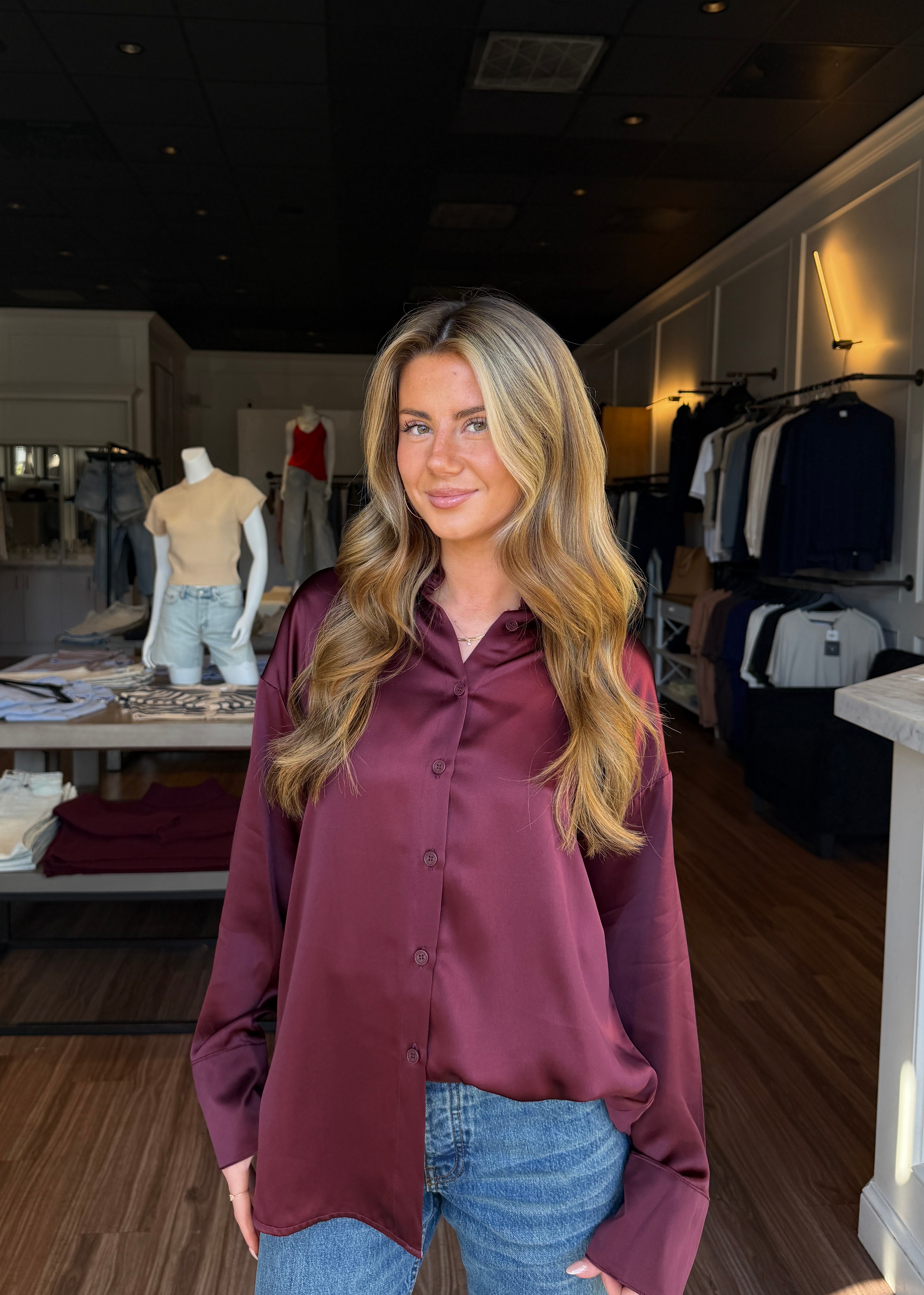 Benton Slouchy Button Down - Bordeaux Multi