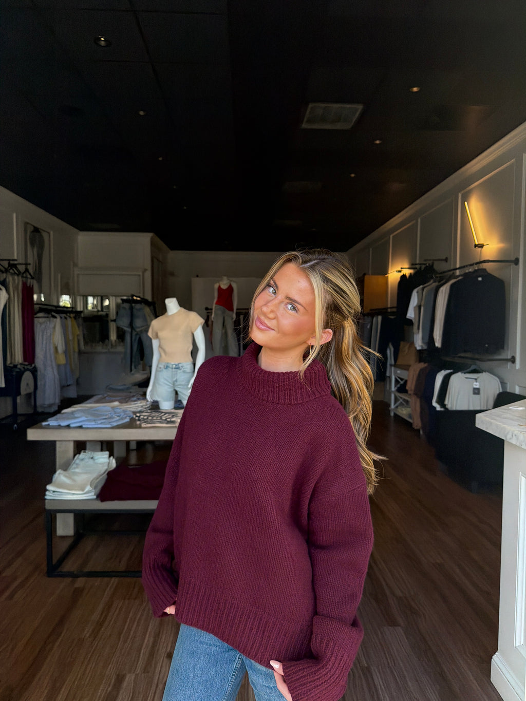 Scarlett Mock Neck Drop Shoulder Sweater - Bordeaux