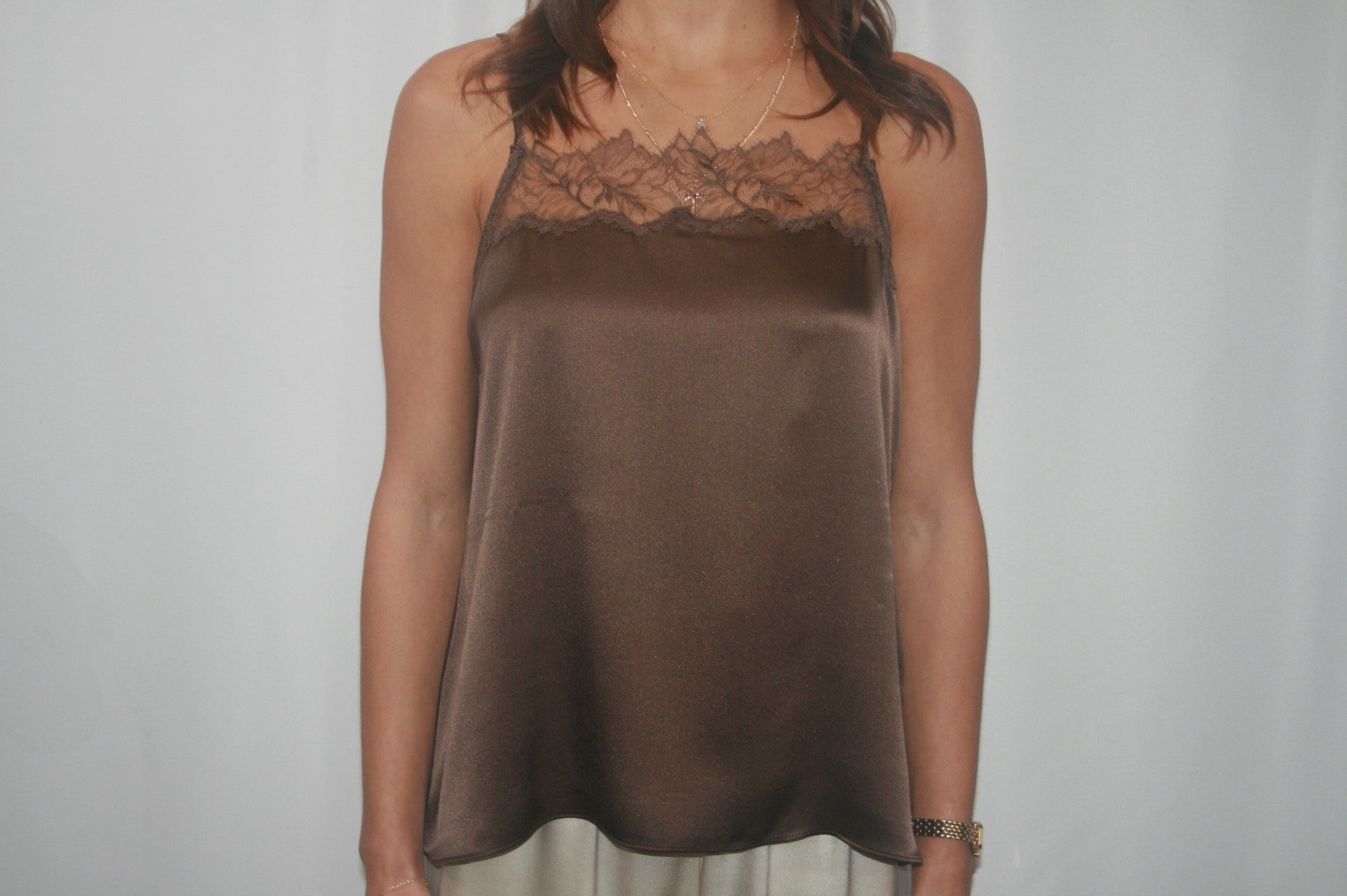 Haya Lace Trim Silk Cami - Swiss Brown