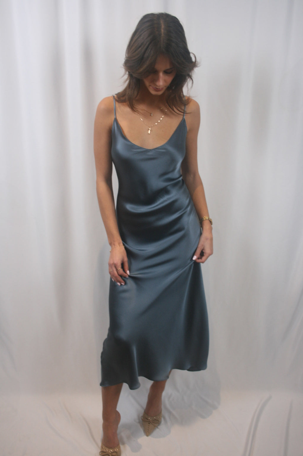 Miranda Scallop Silk Skirt - Smoky Blue