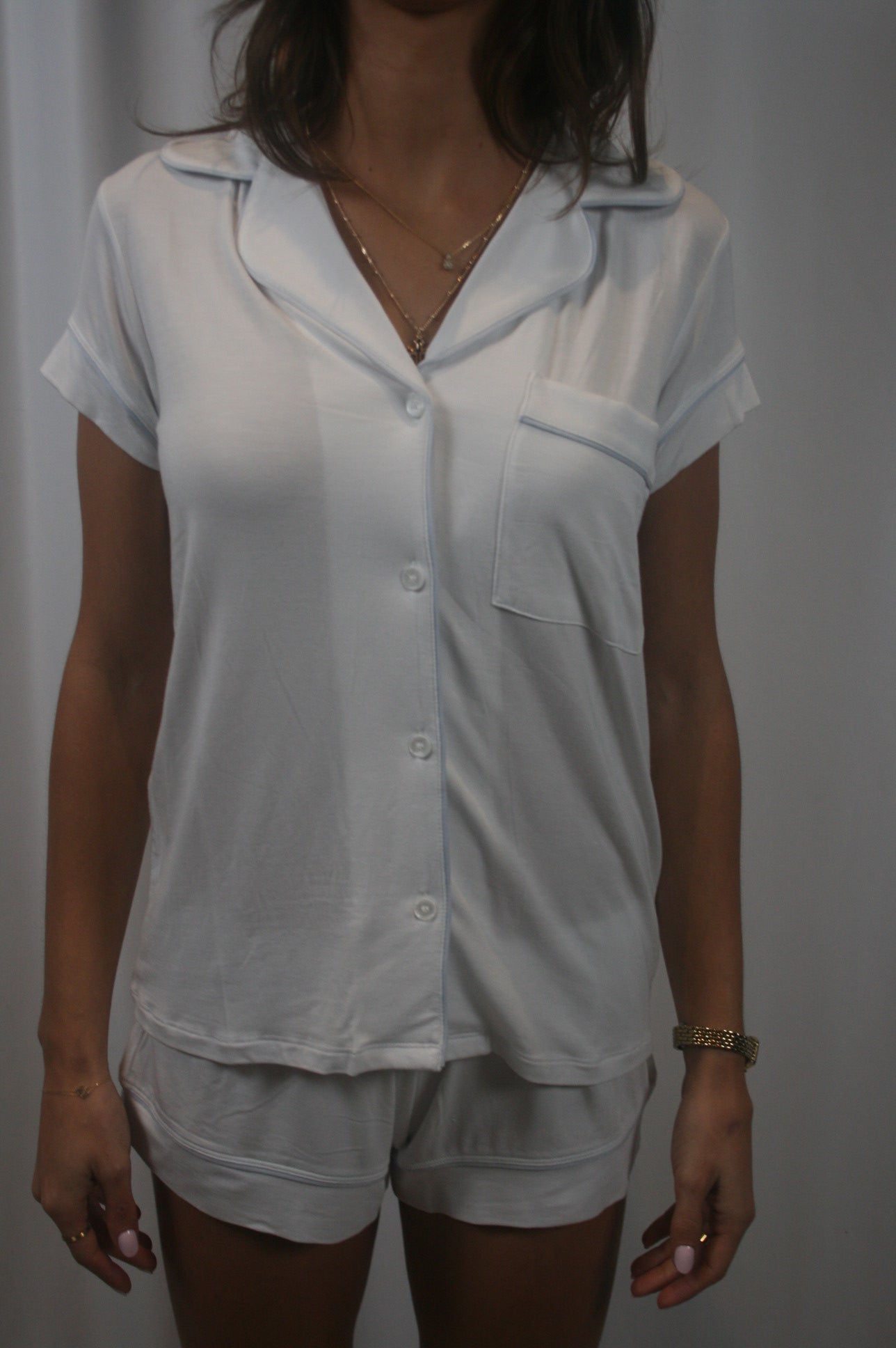 Gisele Shortie PJ Set - White/Ice Blue