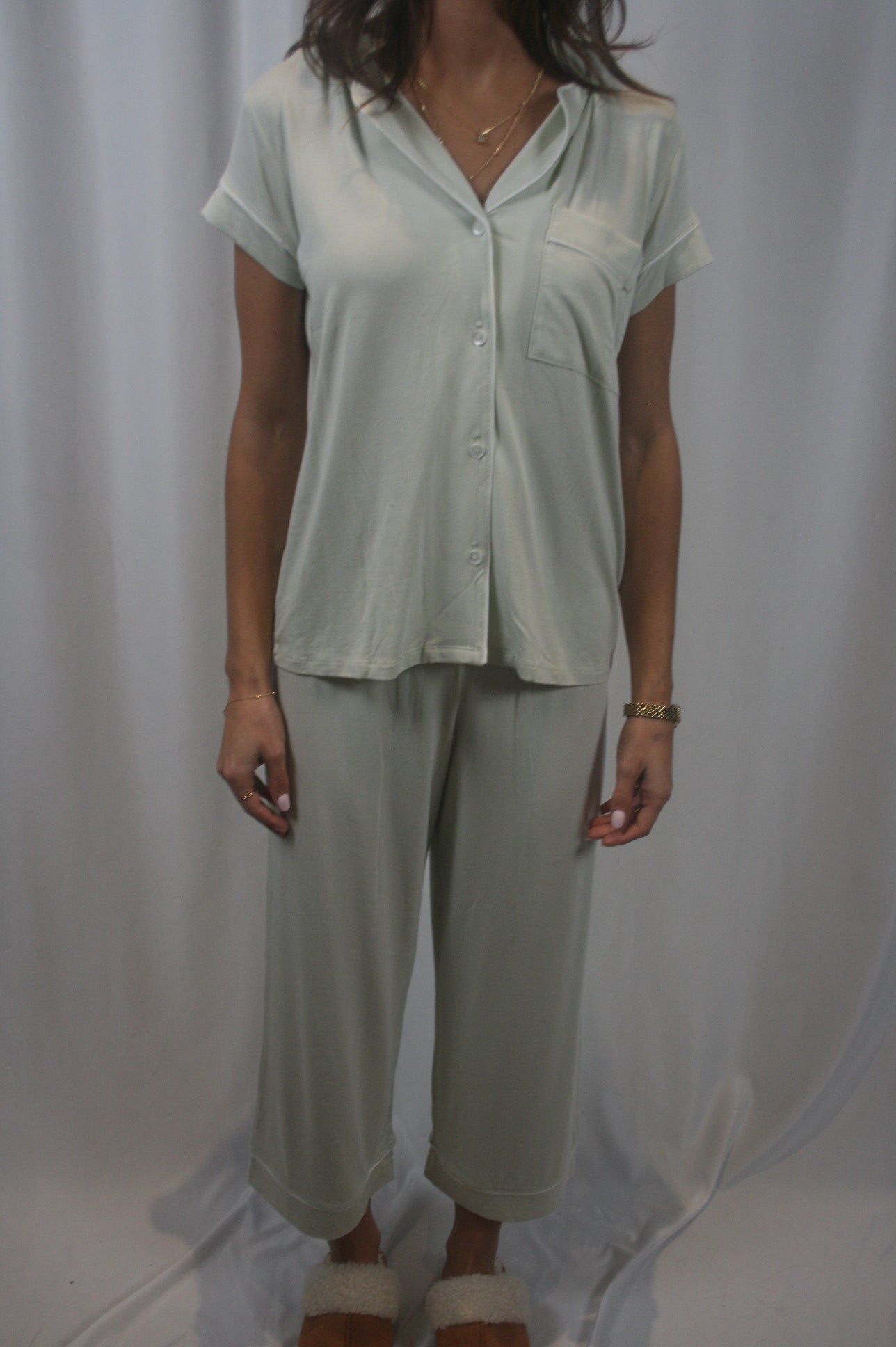 Gisele Cropped Pant Set - Mint Cream/Ivy