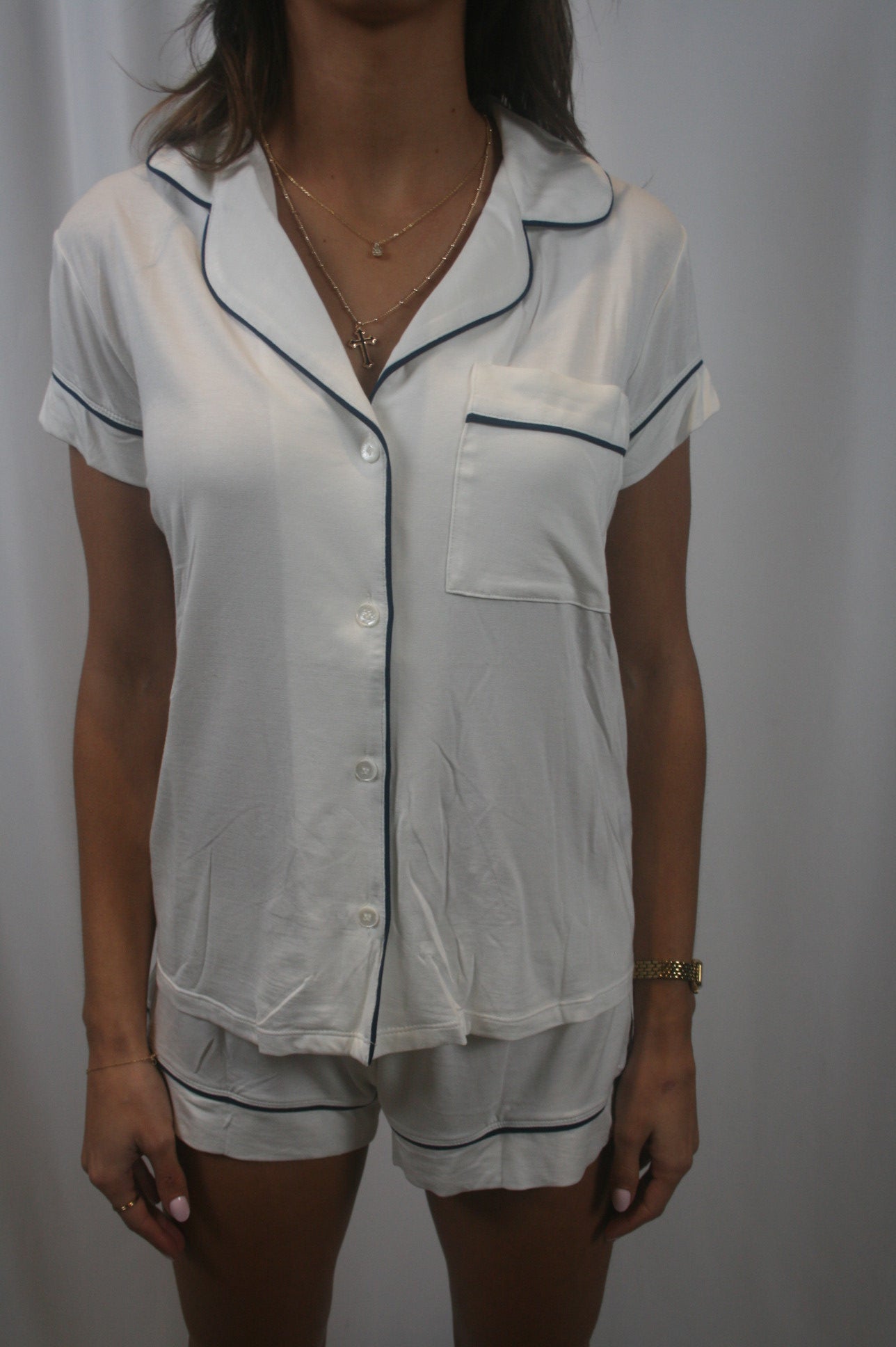 Gisele Shortie PJ Set - Ivory/Navy