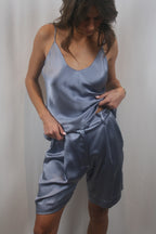 Emerson High Rise Silk Shorts - Dusty Periwinkle