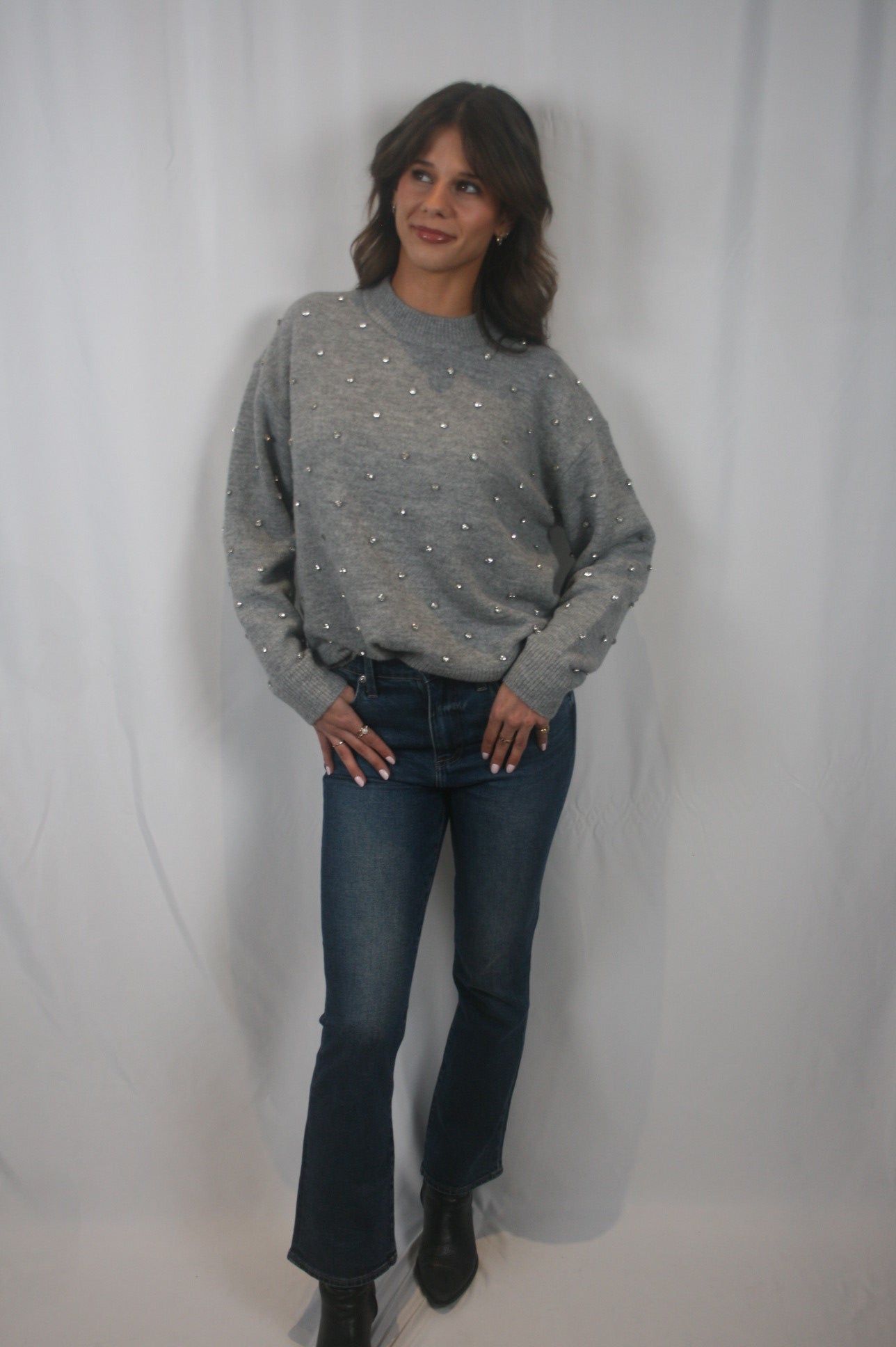 Aura Relaxed Crew Neck Sweater - Charcoal Diamonte