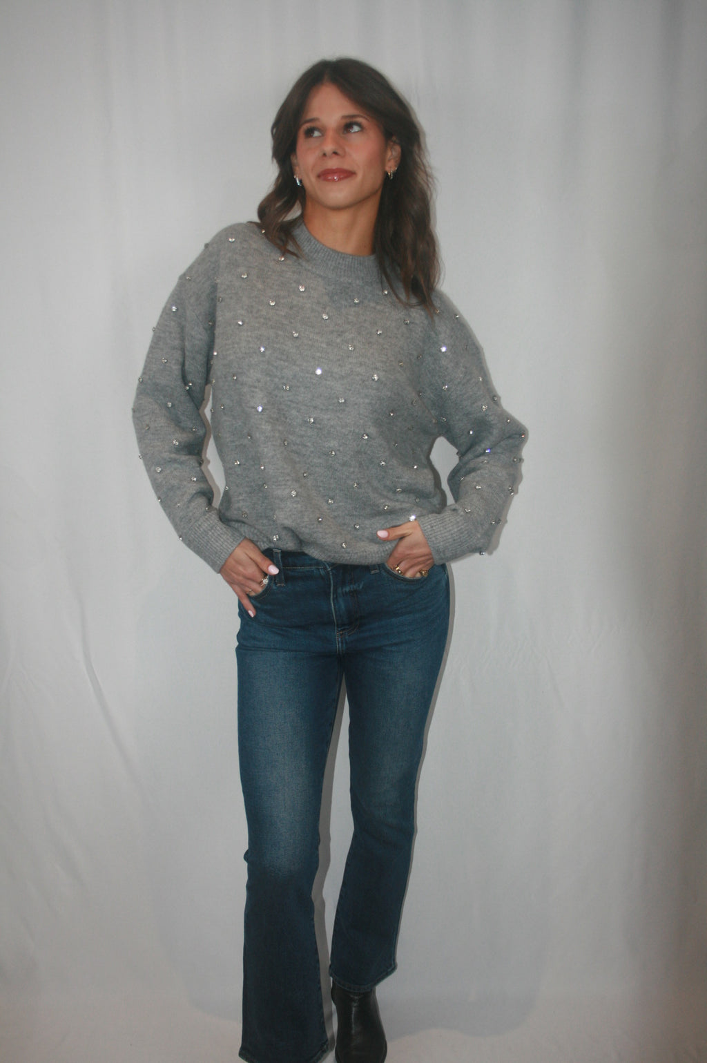 Aura Relaxed Crew Neck Sweater - Charcoal Diamonte