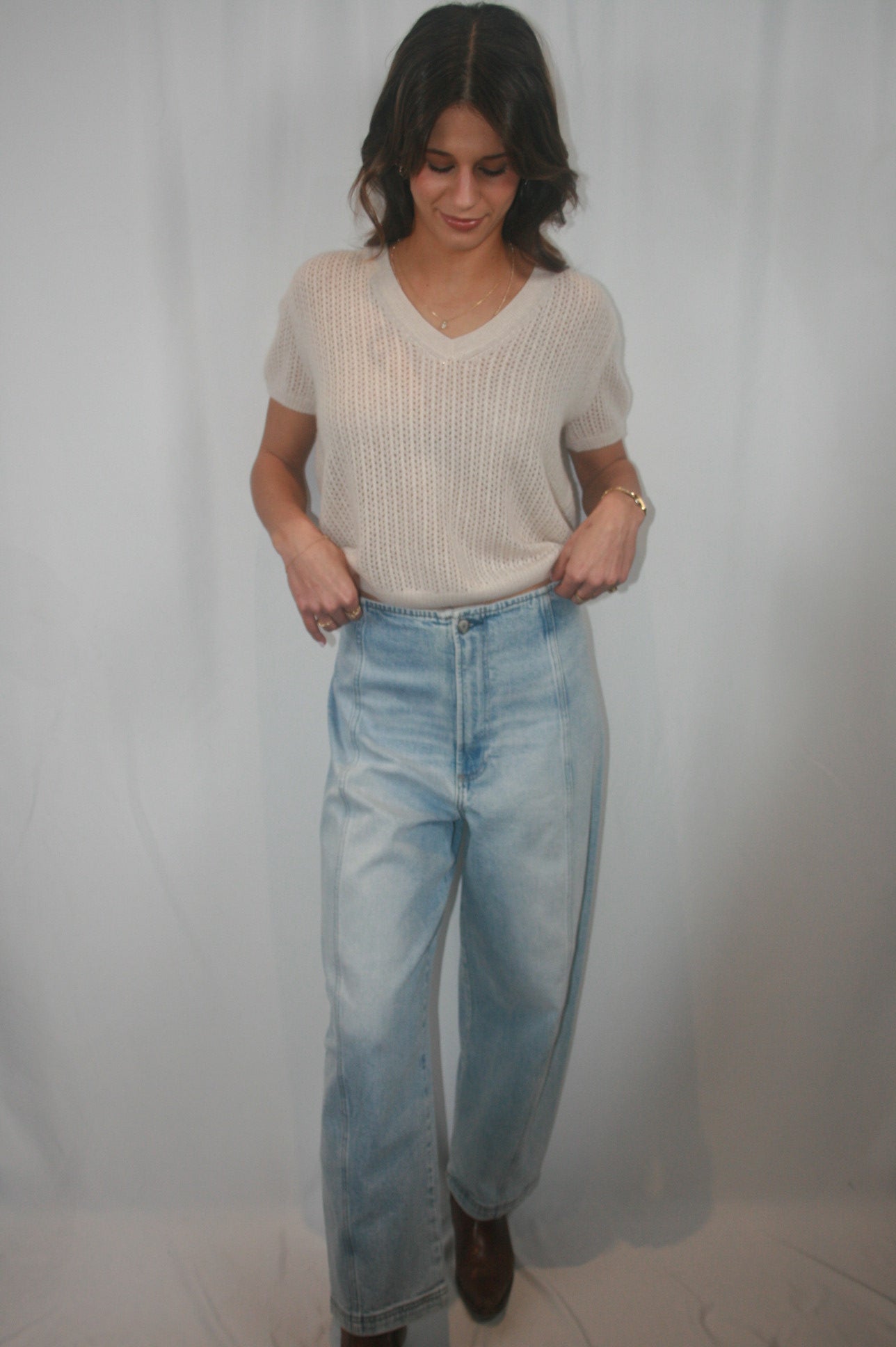 Camille Cashmere V Neck Tee - Cream