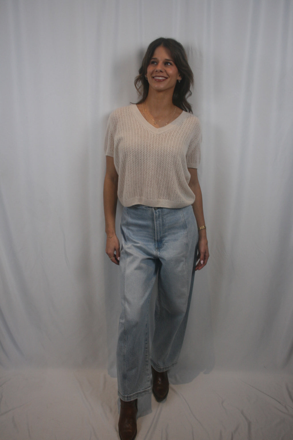 Camille Cashmere V Neck Tee - Cream