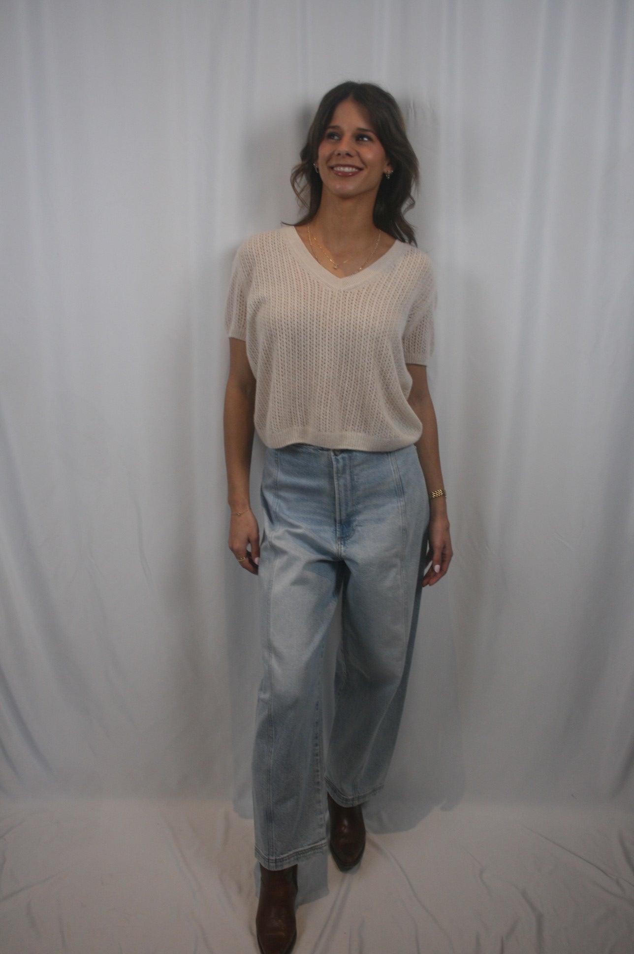 Camille Cashmere V Neck Tee - Cream