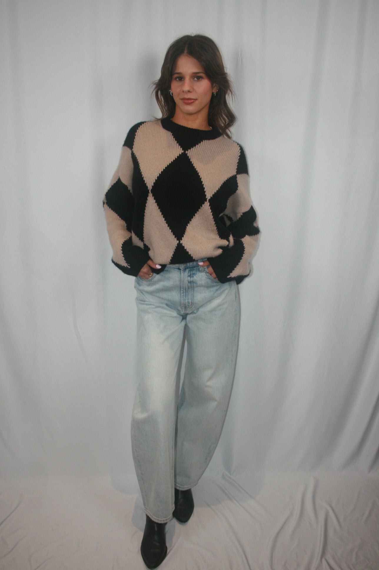 Luxe Cashmino Diamond Crewneck - Black Combo