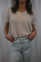 Camille Cashmere V Neck Tee - Cream