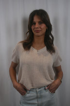 Camille Cashmere V Neck Tee - Cream