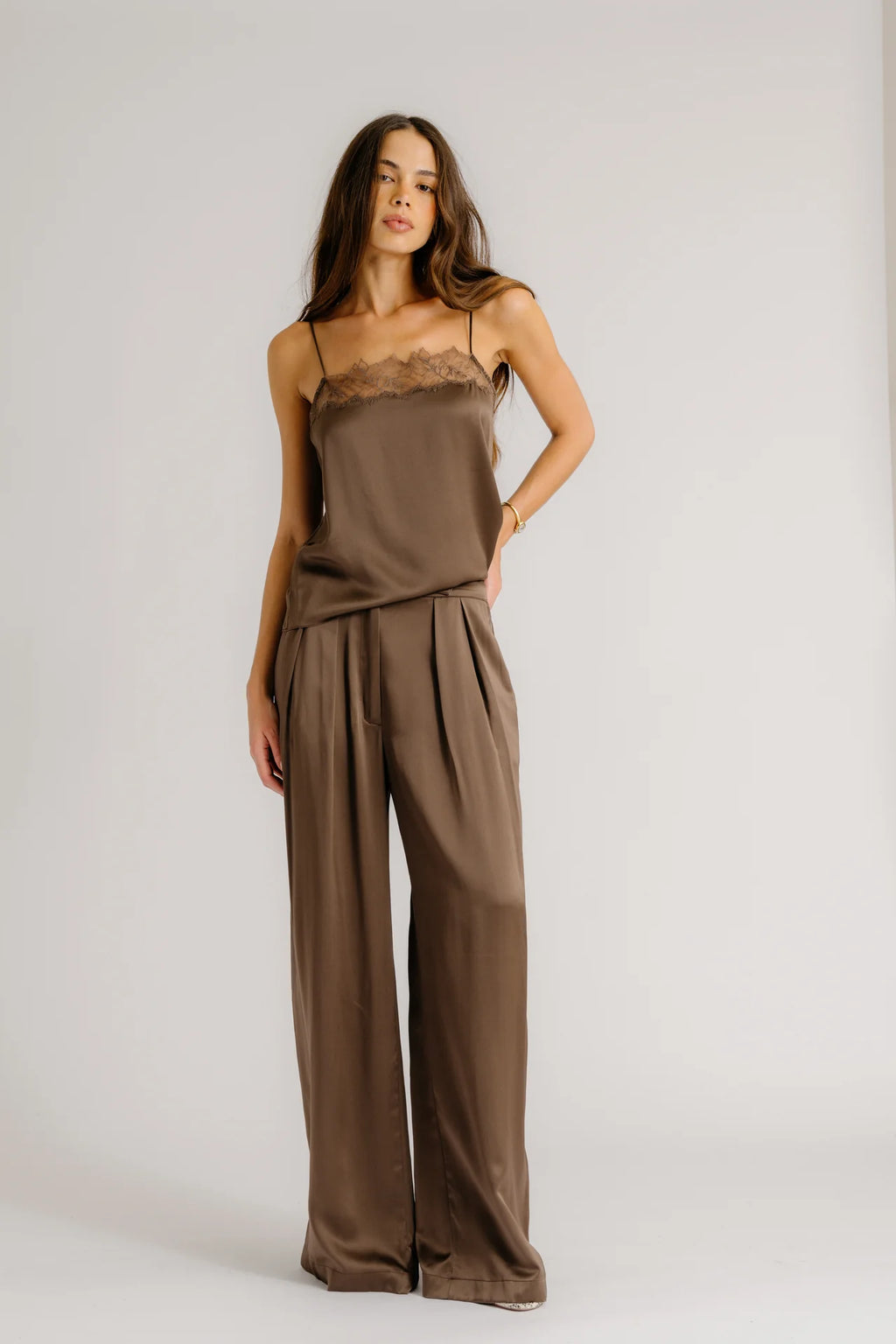 Haya Lace Trim Silk Cami - Swiss Brown