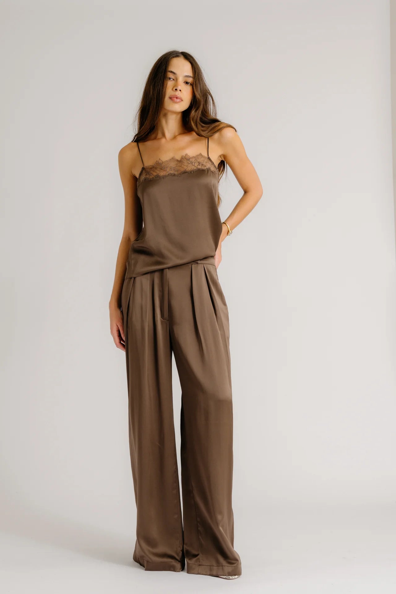 Haya Lace Trim Silk Cami - Swiss Brown
