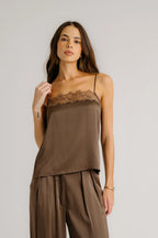 Haya Lace Trim Silk Cami - Swiss Brown
