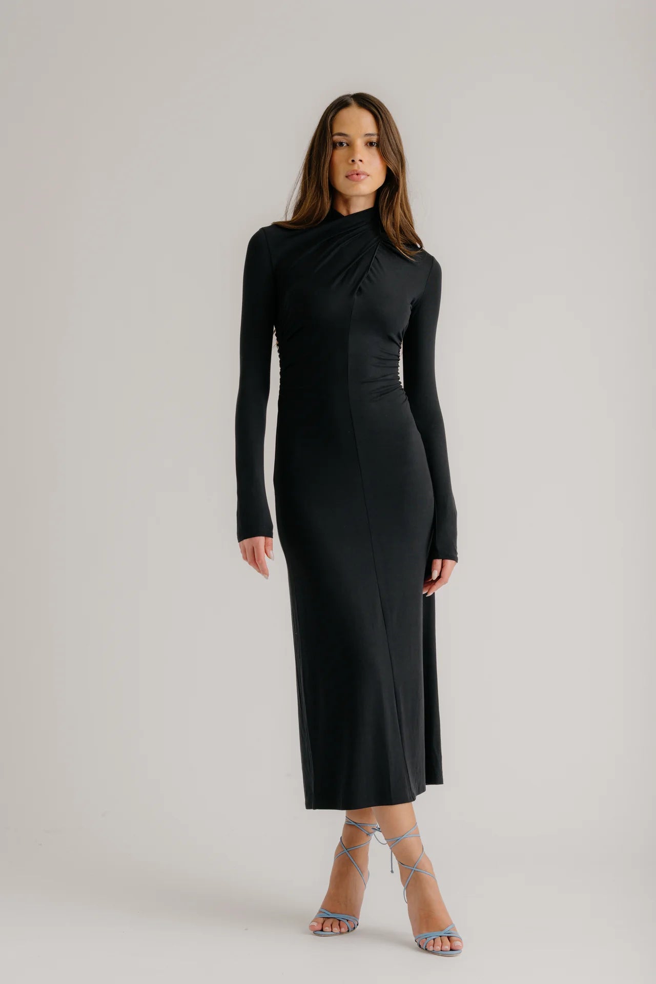 Quinn Crossover Mock Neck Midi Dress - Black