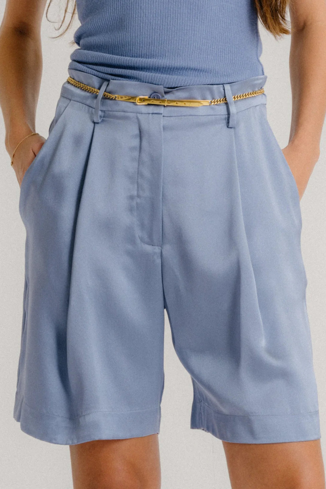 Emerson High Rise Silk Shorts - Dusty Periwinkle