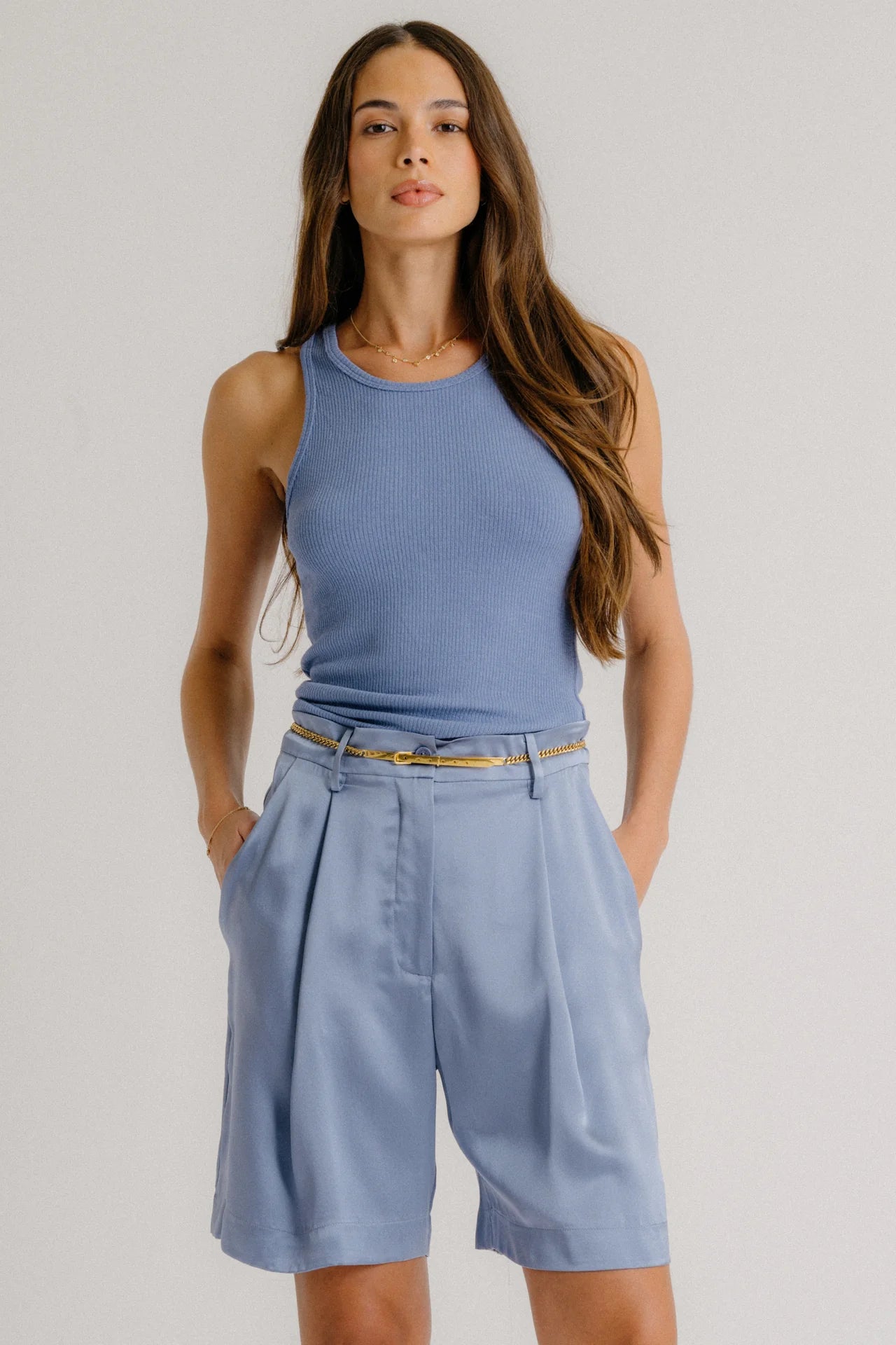 Emerson High Rise Silk Shorts - Dusty Periwinkle