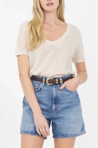 Camille Cashmere V Neck Tee - Cream