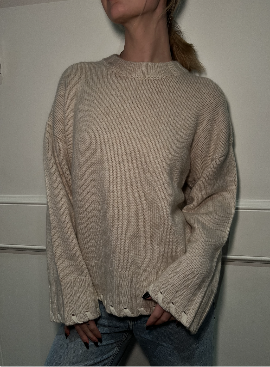 Wool Cashmere Hand Laced Crew - Oatmeal