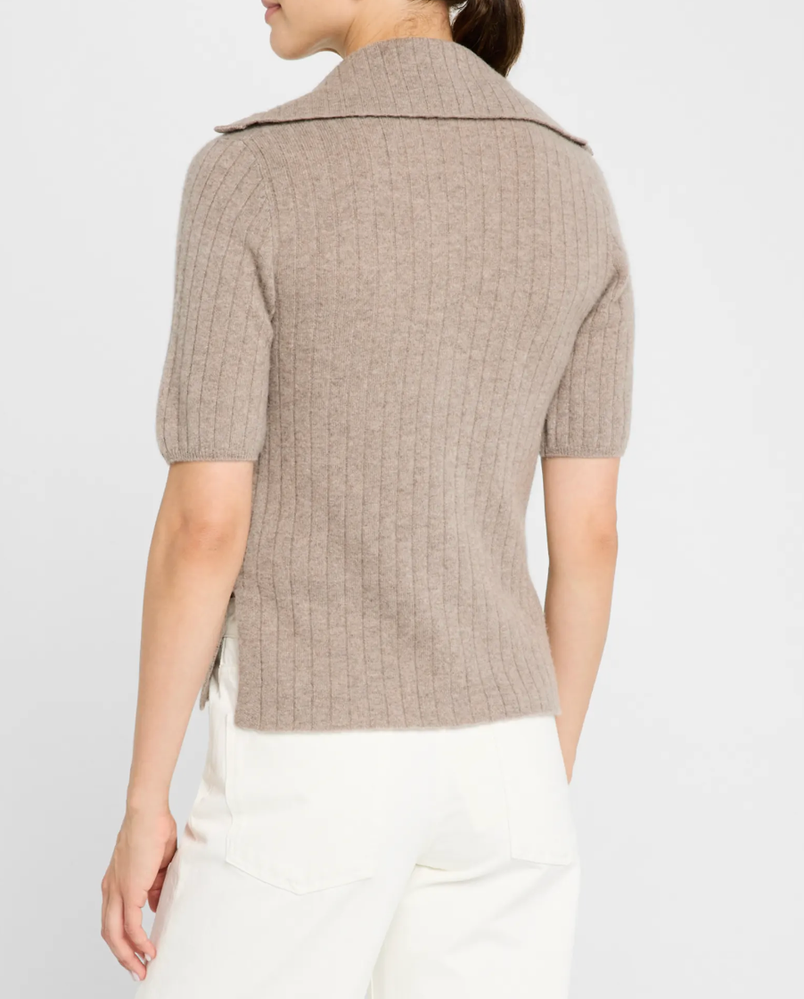 Cashmere Reversible Ribbed Button Up Turtleneck- Timber