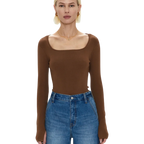 Jenny Long Sleeve Square Neck Thong Bodysuit - Saddle
