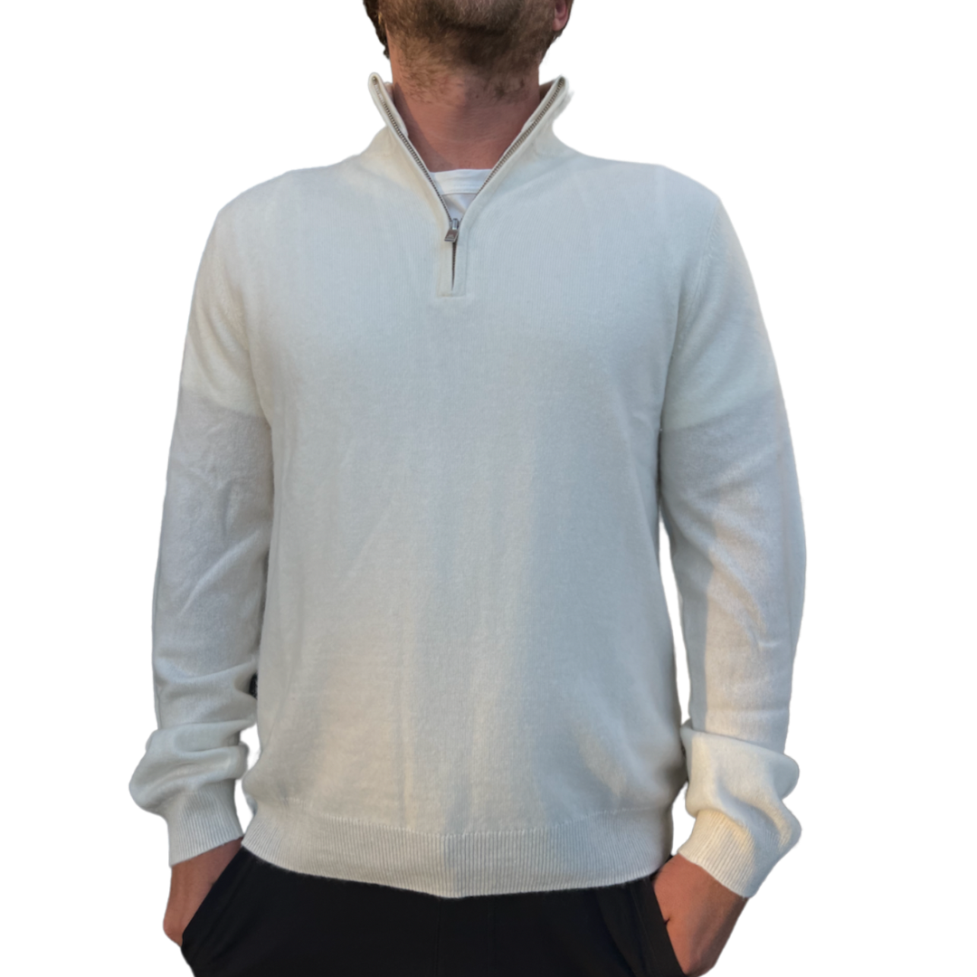 Cashmere 1/4 Zip Mockneck with Contrast Collar - White/Oatmeal