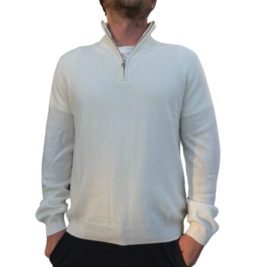 Cashmere 1/4 Zip Mockneck with Contrast Collar - White/Oatmeal