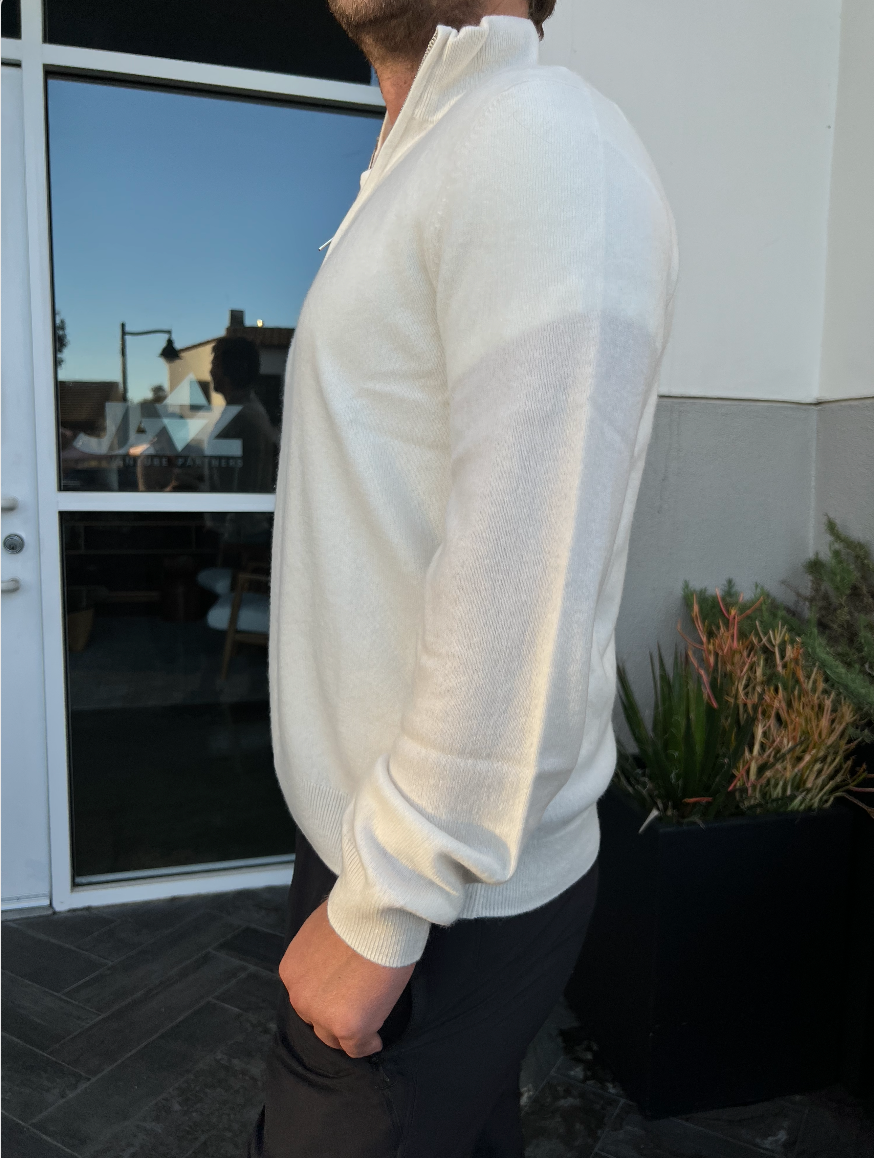 Cashmere 1/4 Zip Mockneck with Contrast Collar - White/Oatmeal