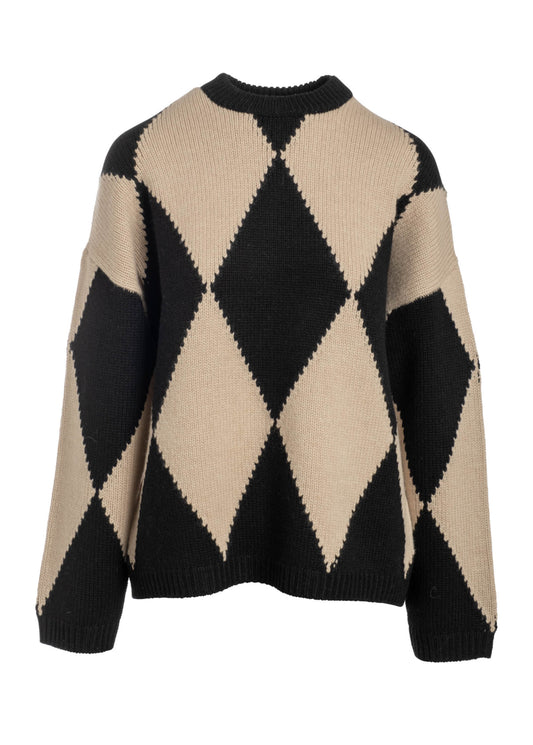 Luxe Cashmino Diamond Intarsia Crewneck - Black Combo QX