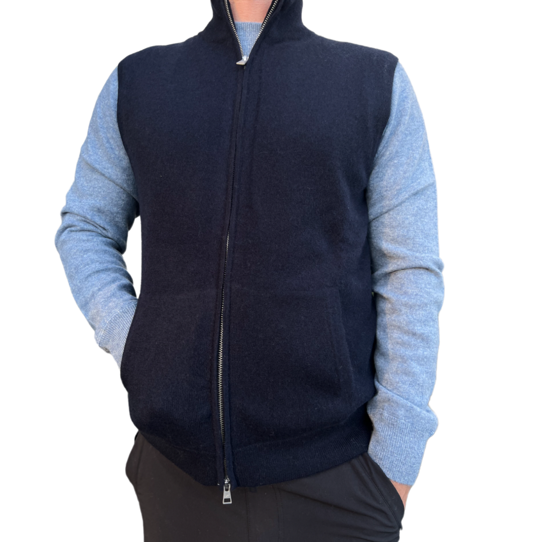 Cashmere Full Zip Vest - Navy/Cement