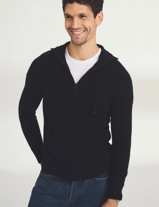 Cashmere Full Zip Hoodie With Contrast Tipping - Black