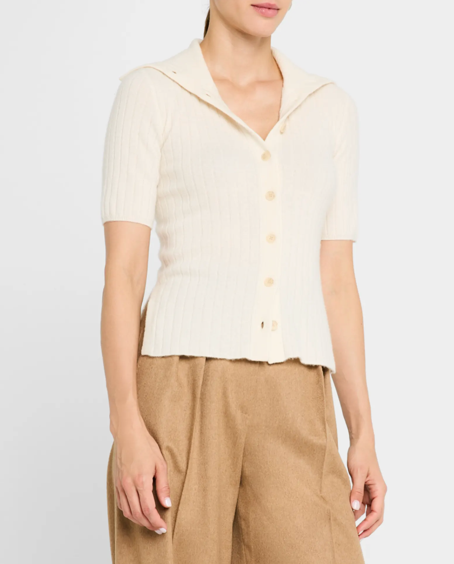 Cashmere Reversible Ribbed Button Up Turtleneck- White