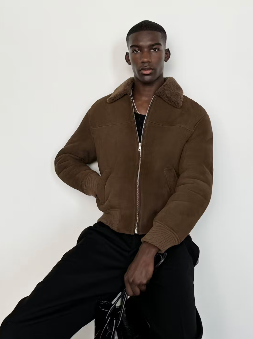 Suede Shearling Bomber - Dark Camel