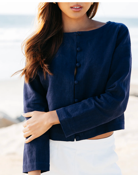 BESSETTE LINEN BUTTON CARDIGAN- NAVY