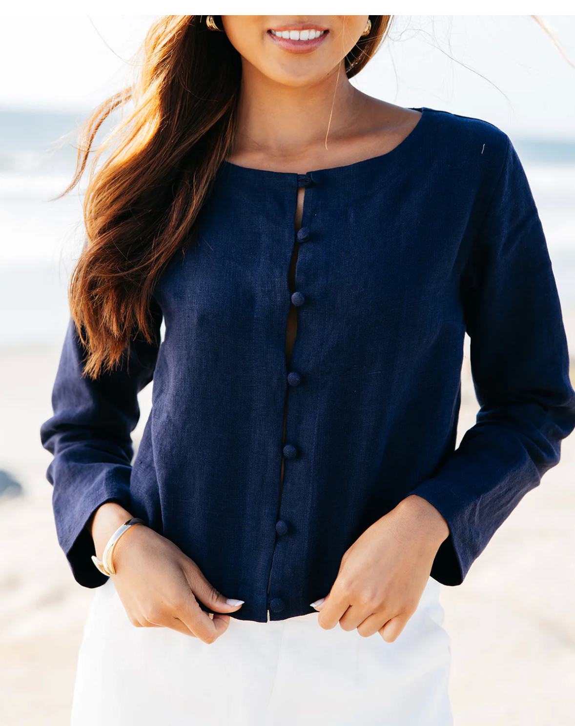 BESSETTE LINEN BUTTON CARDIGAN- NAVY